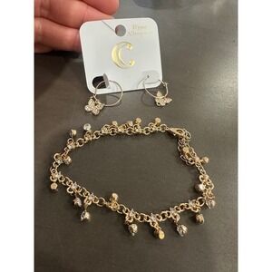 Gold Tone Butterfly Hoop Earrings and Charm Bracelet Set Hypoallergenic